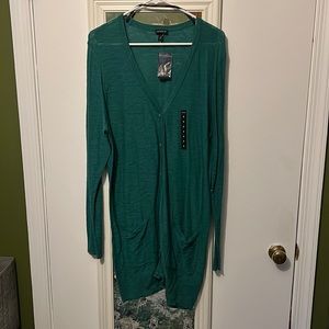 Torrid emerald green, long, button up cardigan with pockets